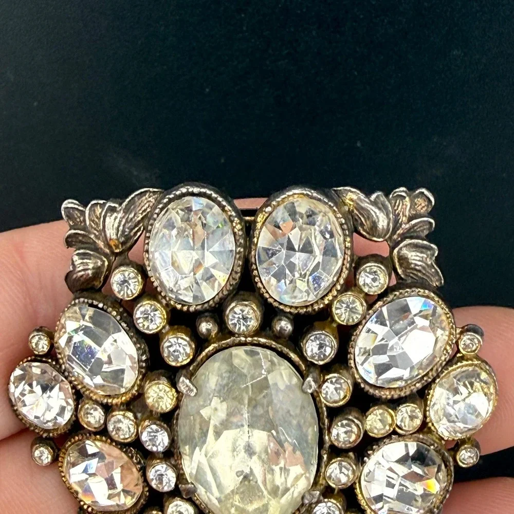Vintage Dress Clip Silver Tone Clear Rhinestone Art Deco Revival Floral